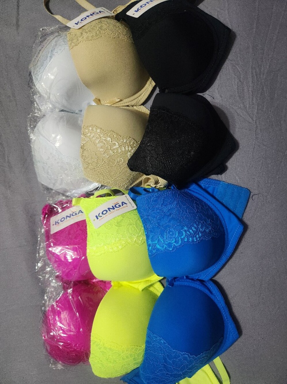 Kong Lace-Trim Padded Bra Pack - Blue, Neon Yellow, Pink, Black, Beige, White